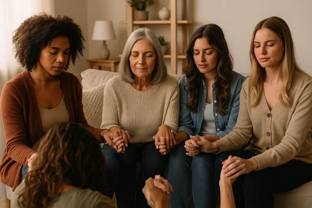 Multi-ethnic women joined in prayer and worship for House of Judah, 24 Hour Worship