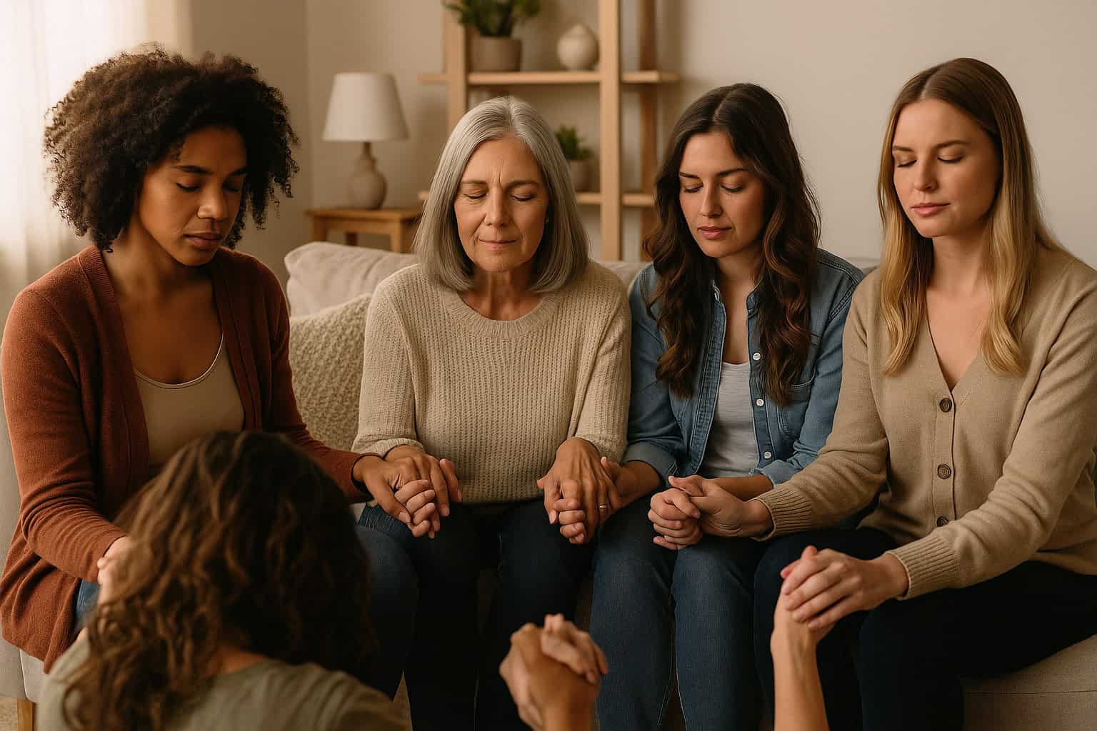 Multi-ethnic women joined in prayer and worship for House of Judah, 24 Hour Worship